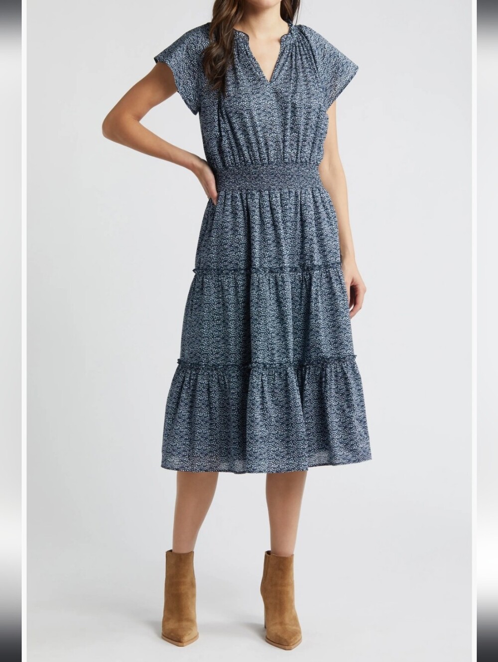 Rails Blue Patterned Smocked Midi Dress